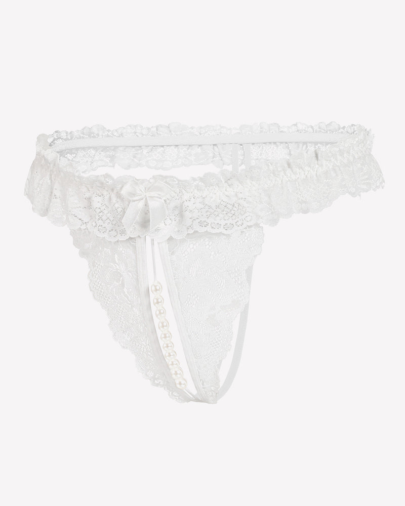 White lace thong with pearl accents, low waist design, sensual lingerie, comfortable and sexy.