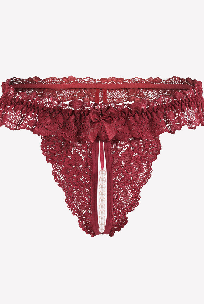 Burgundy lace thong with pearl accents, low waist design, sensual lingerie