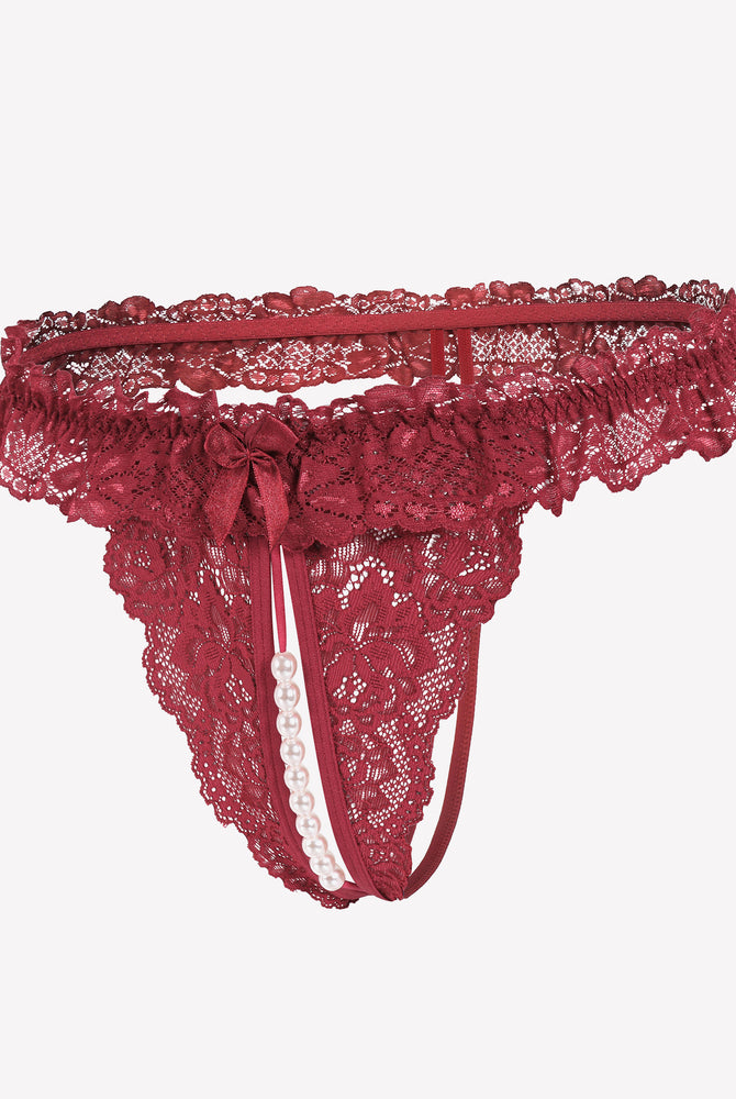 Burgundy lace thong with pearl accents, low waist design, sensual lingerie, comfortable and sexy.
