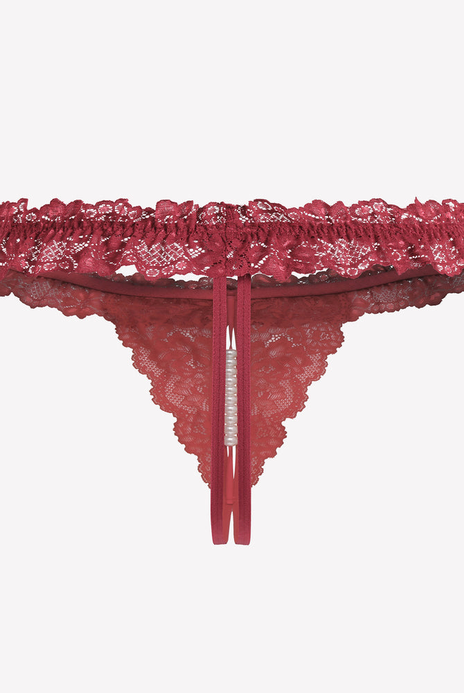 Burgundy lace thong with pearl ball, soft lace and comfortable low waist lingerie