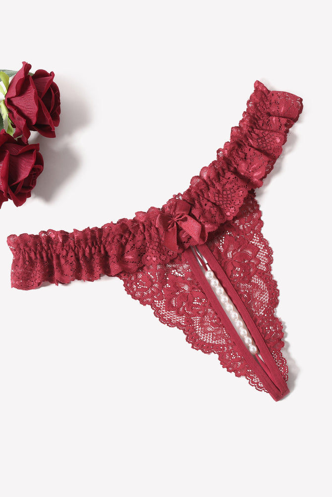 Burgundy lace thong with pearl ball, low waist lingerie with soft lace
