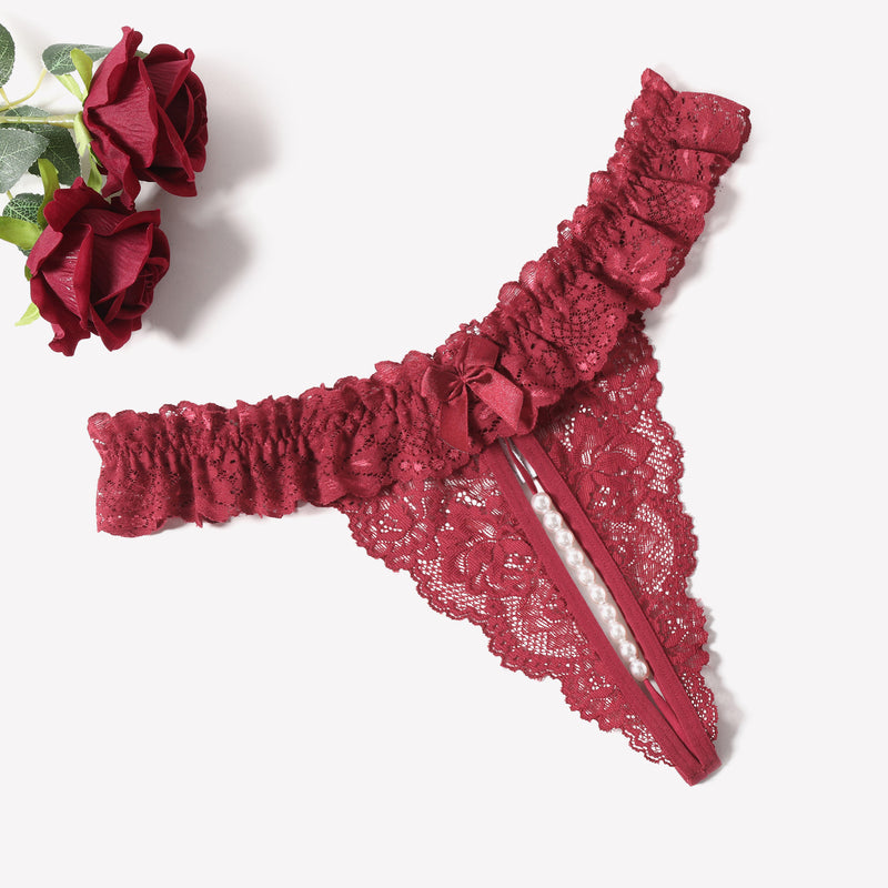 Burgundy lace thong with pearl ball, low waist lingerie with soft lace