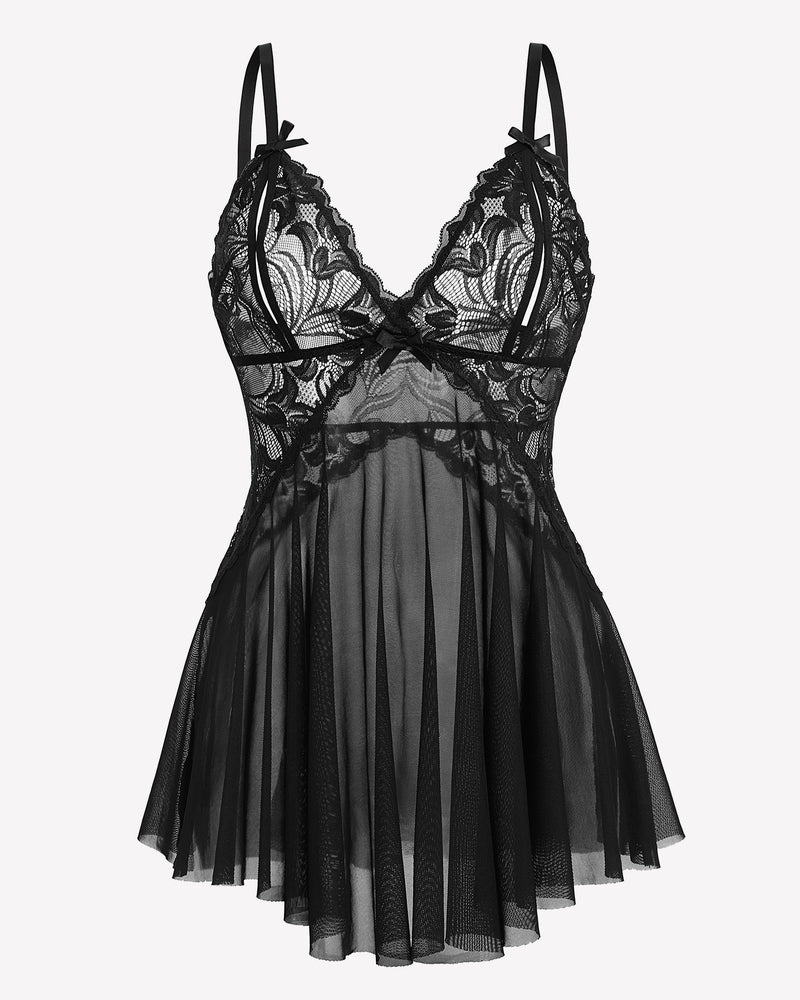 Black lace babydoll lingerie set with mesh skirt and floral lace details.
