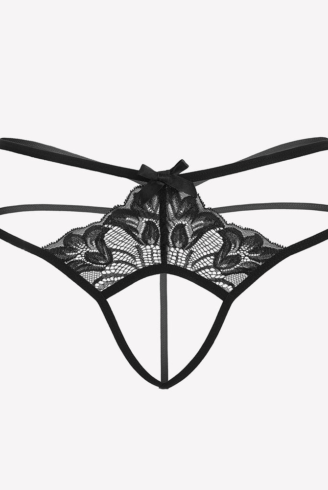 Black lace thong with floral lace details, adjustable straps, and open back design