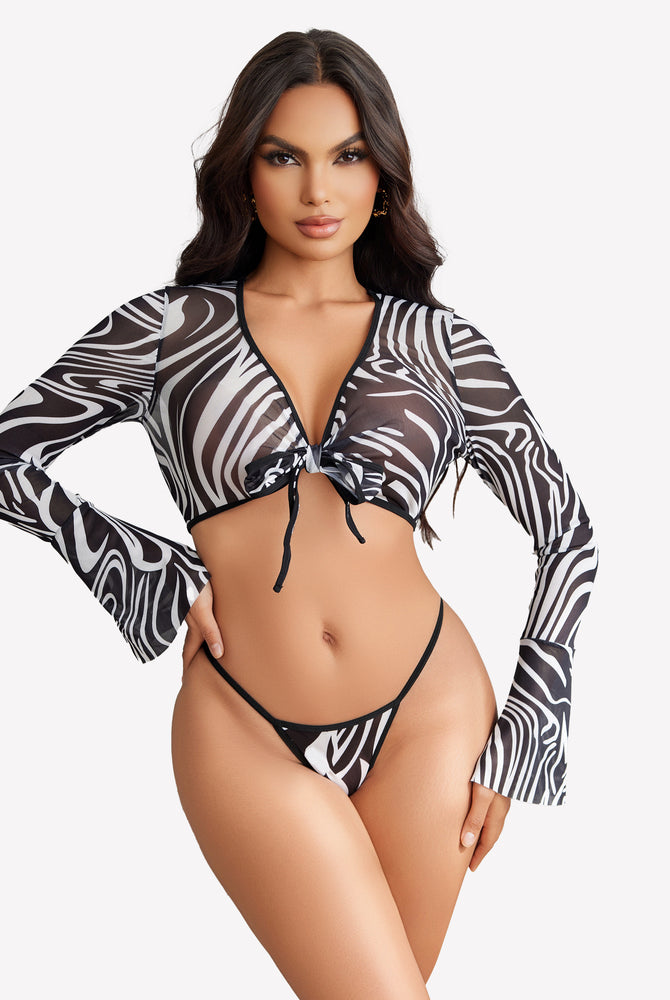 Zebra print sheer crop top and G-string set with flared sleeves, sexy lingerie for women
