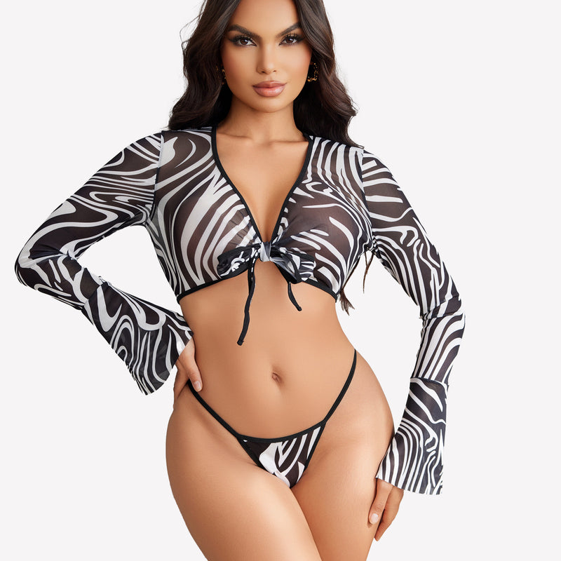 Zebra print sheer crop top and G-string set with flared sleeves, sexy lingerie for women