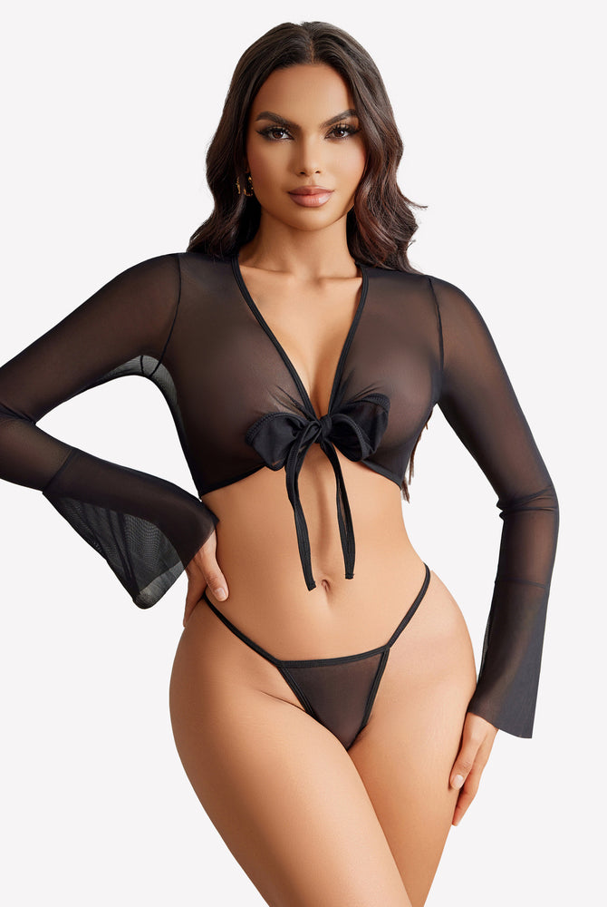Black sheer crop top and G-string set with tie front and flared sleeves, sexy lingerie for women