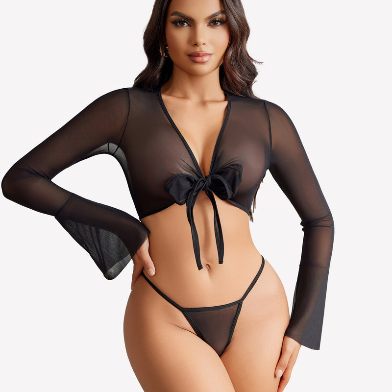 Black sheer crop top and G-string set with tie front and flared sleeves, sexy lingerie for women