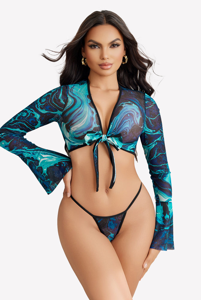 Teal and navy blue mesh crop top and G-string set with tie front and flared sleeves, sexy lingerie