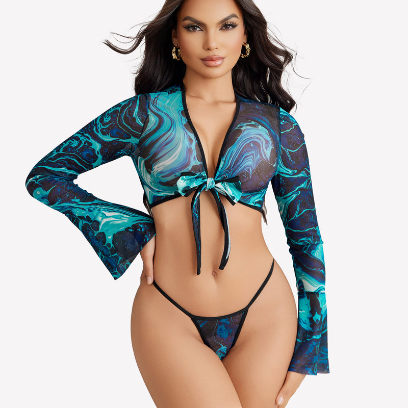 Teal and navy blue mesh crop top and G-string set with tie front and flared sleeves, sexy lingerie