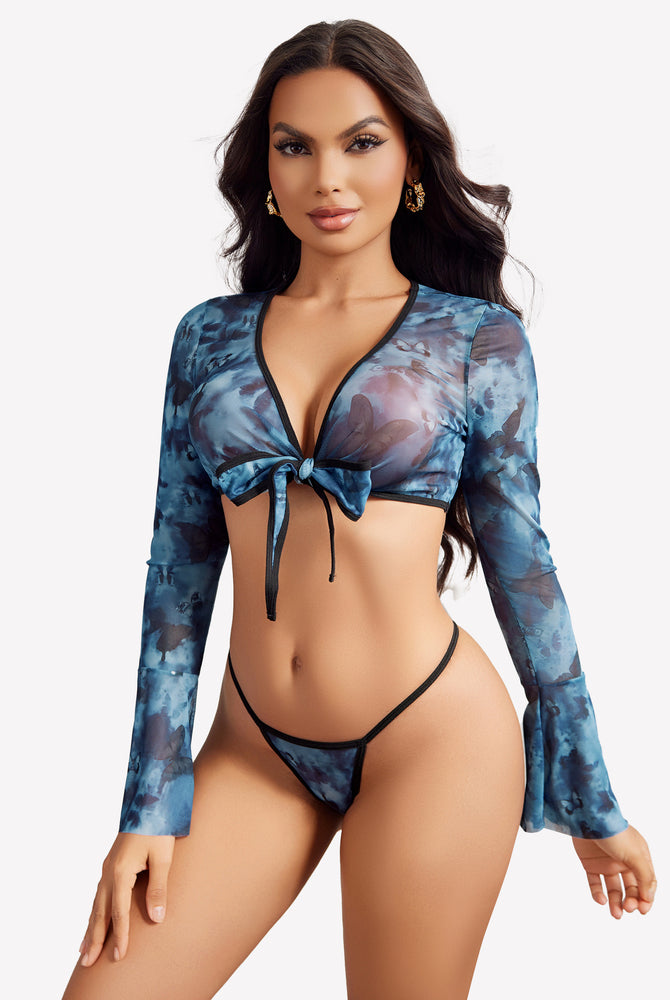 Blue marble print sheer crop top and G-string set, sexy lingerie with flared sleeves