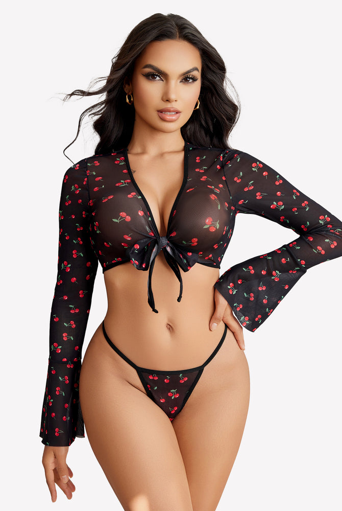 Black cherry print sheer crop top and G-string set with flared sleeves, sexy lingerie