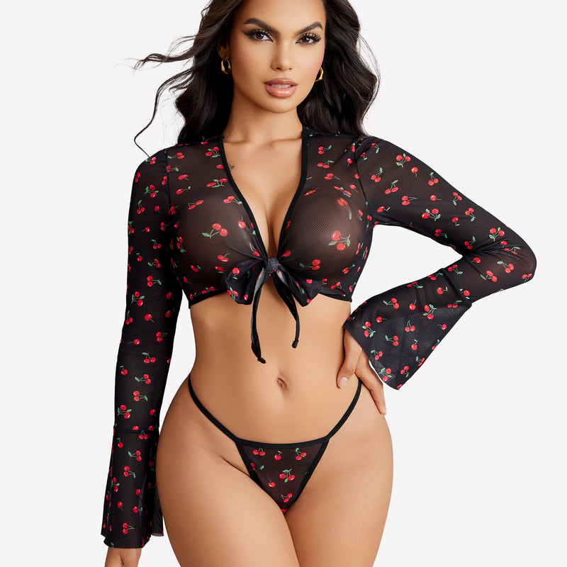 Black cherry print sheer crop top and G-string set with flared sleeves, sexy lingerie