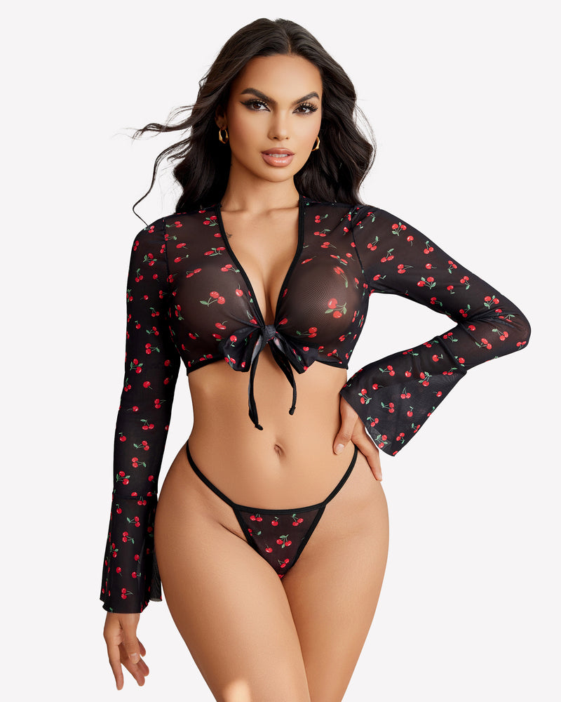 Black cherry print sheer crop top and G-string set with flared sleeves, sexy lingerie