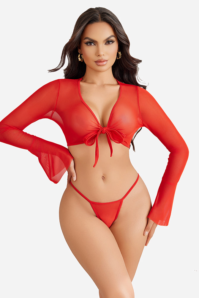 Red sheer crop top and G-string set. Mesh fabric, tie front, and flared sleeves for a sexy look.
