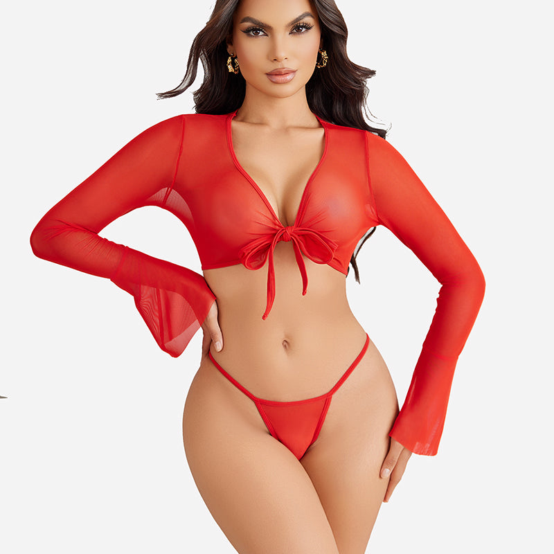 Red sheer crop top and G-string set. Mesh fabric, tie front, and flared sleeves for a sexy look.
