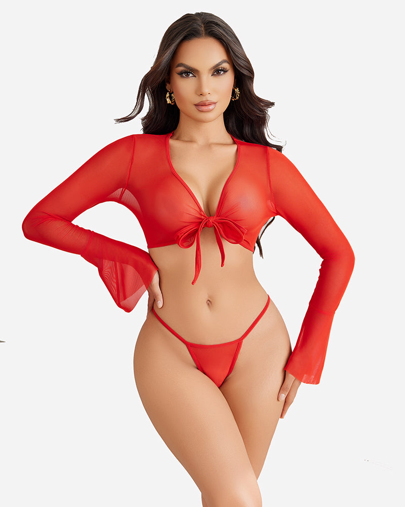 Red sheer crop top and G-string set. Mesh fabric, tie front, and flared sleeves for a sexy look.
