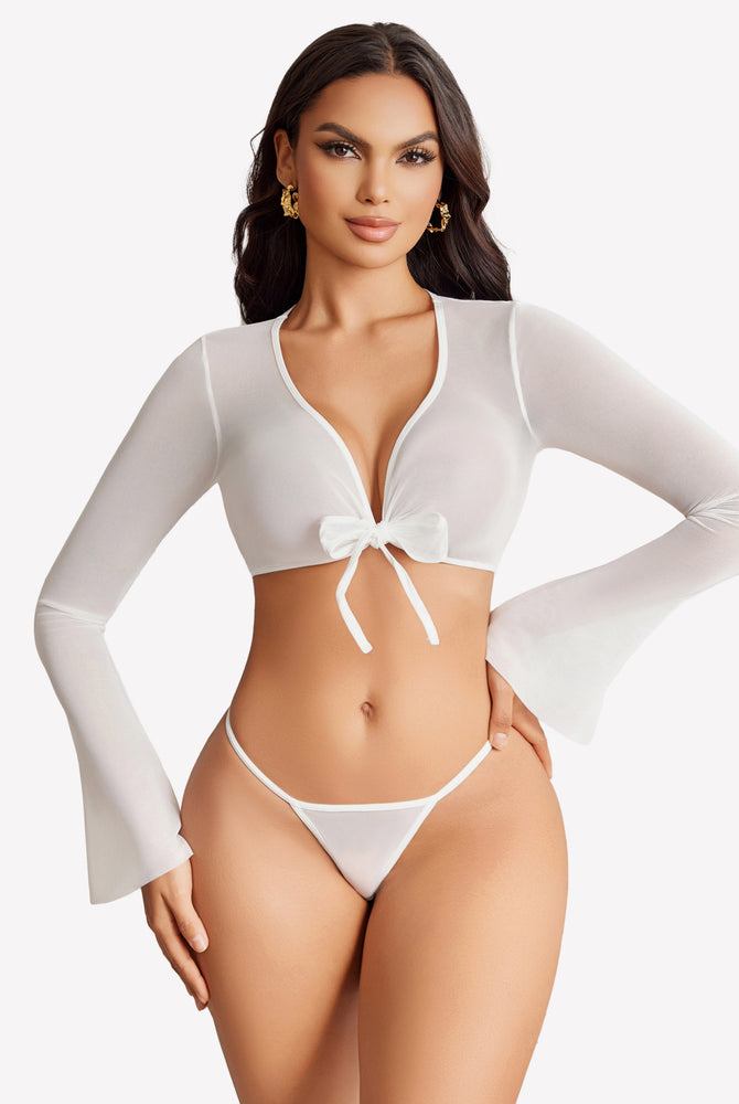 White sheer crop top and G-string set with tie front and flared sleeves, sexy lingerie for women