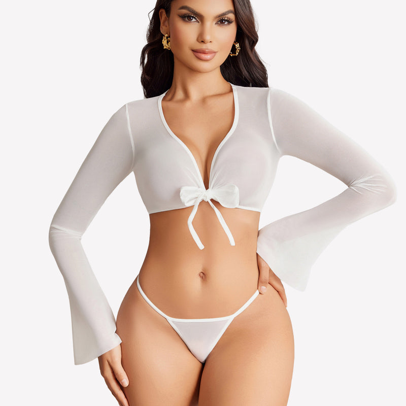 White sheer crop top and G-string set with tie front and flared sleeves, sexy lingerie for women