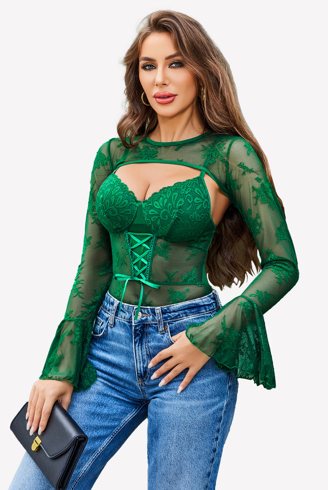 Green lace bodysuit with crop top and sheer sleeves. Sexy lingerie for a confident look.