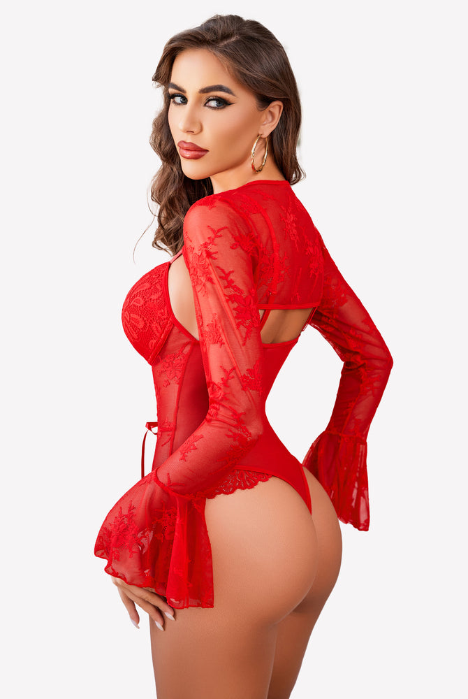 Red lace bodysuit with crop top and sheer sleeves. Sexy lingerie for a confident look.