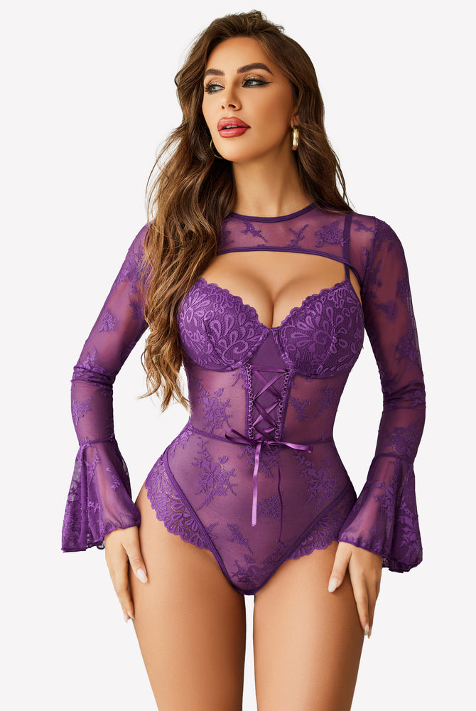 Purple lace bodysuit with crop top, sheer sleeves, lace-up detail. Sexy lingerie.