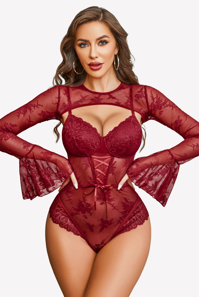 Burgundy lace bodysuit with crop top, sheer sleeves, lace-up detail. Sexy lingerie.
