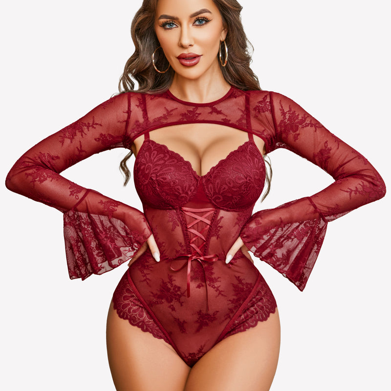 Burgundy lace bodysuit with crop top, sheer sleeves, lace-up detail. Sexy lingerie.