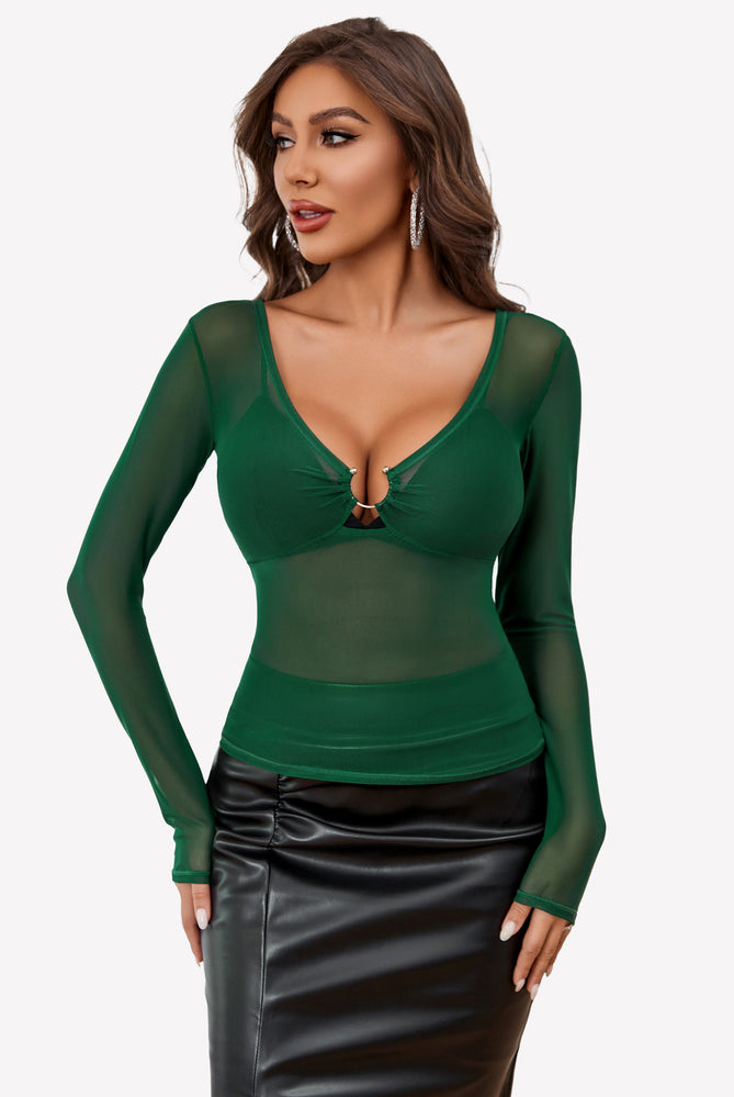 Green mesh long sleeve blouse with ring detail, off-shoulder option, sexy and stylish.