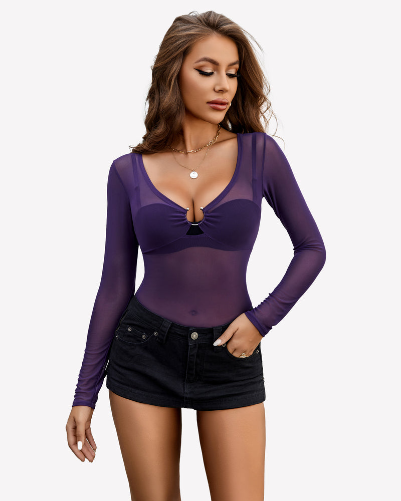 Purple mesh long sleeve blouse with ring detail, paired with black shorts; sexy and stylish.