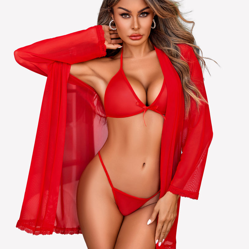Red mesh lingerie set with robe, halter bra, and thong. Sheer, elegant design for confidence.