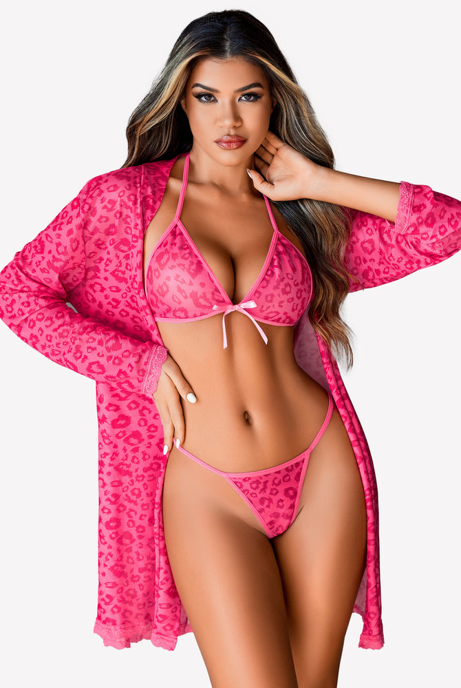 Pink leopard mesh lingerie set with robe, bra, and thong. Sensual and elegant.