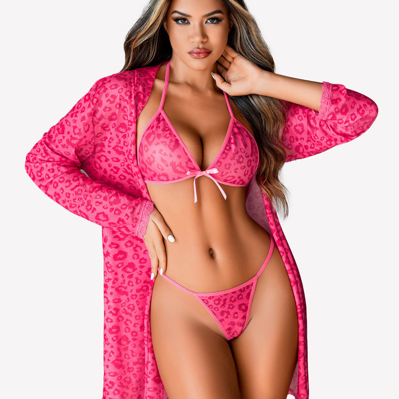Pink leopard mesh lingerie set with robe, bra, and thong. Sensual and elegant.