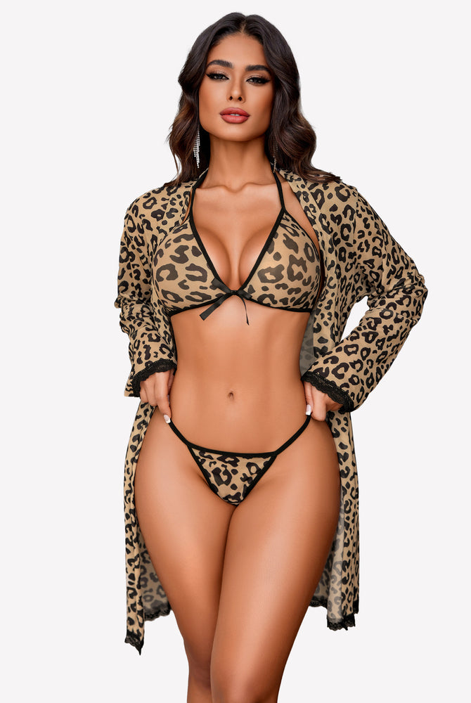 Leopard print mesh lingerie set with robe, bra, and thong. Sensual and elegant design.