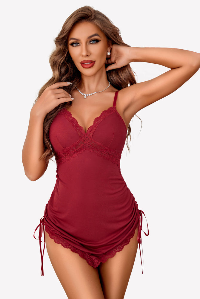 Burgundy ruched modal chemise with lace trim and side drawstrings, perfect for a special night