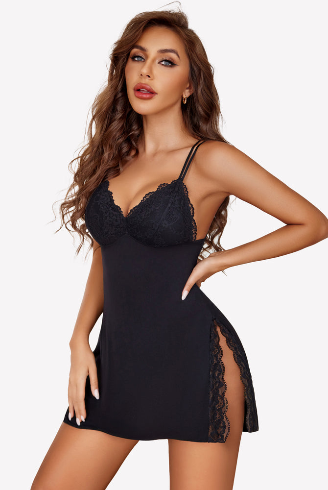 Black Strap Chemise Side Slit Sleepwear with Lace Trim | Avidlove Lingerie