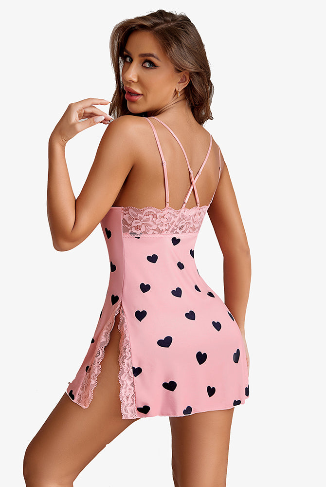 Pink strap chemise side slit sleepwear with black heart patterns and lace trim | Avidlove Lingerie