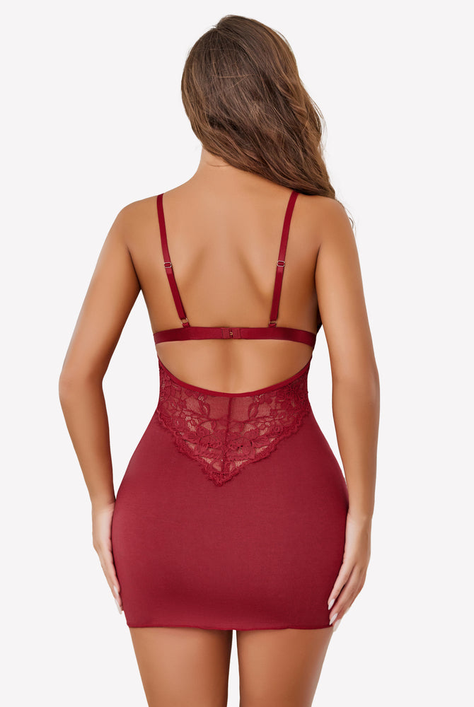 Burgundy Avidlove chemise slip nightie with lace back and adjustable straps