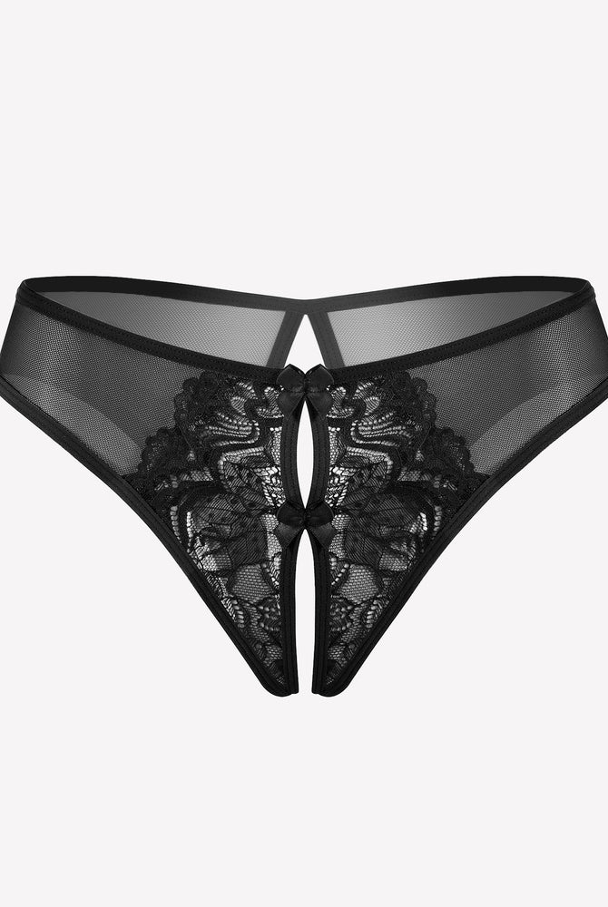 Black mesh panties briefs with lace and bow, unique crotch design, sexy lingerie