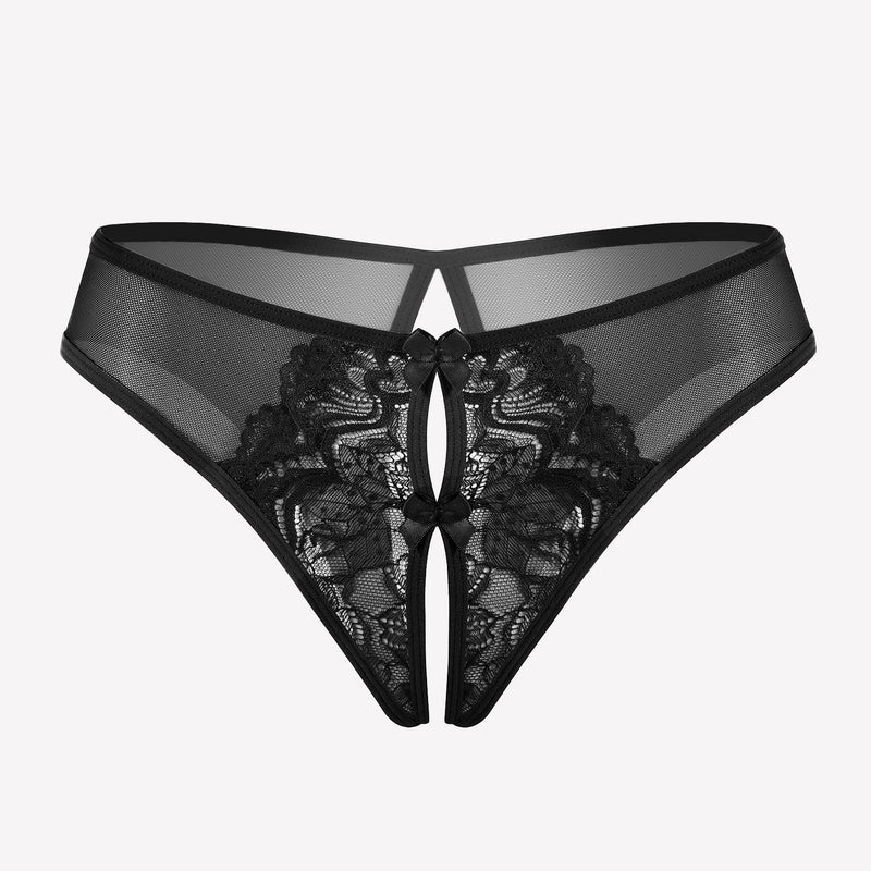 Black mesh panties briefs with lace and bow, unique crotch design, sexy lingerie