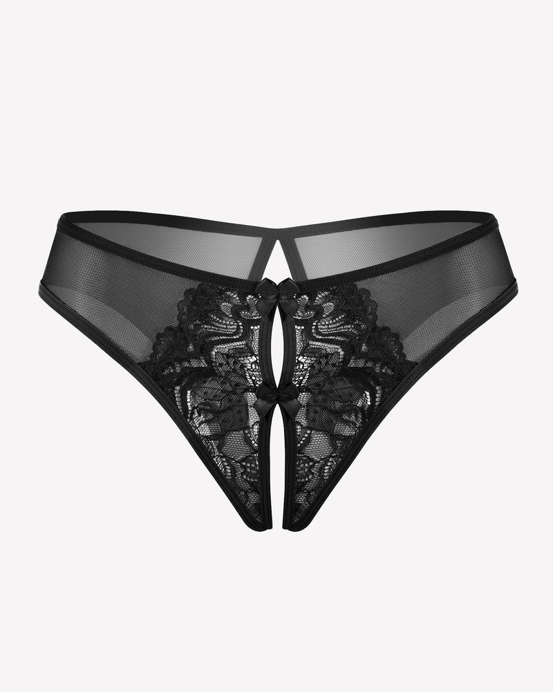 Black mesh panties briefs with lace and bow, unique crotch design, sexy lingerie