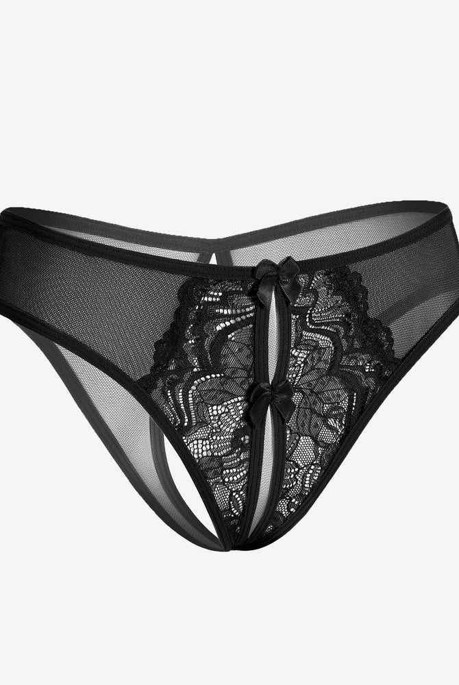 Black mesh panties briefs with lace detailing and a cute bow, designed for charm and comfort.