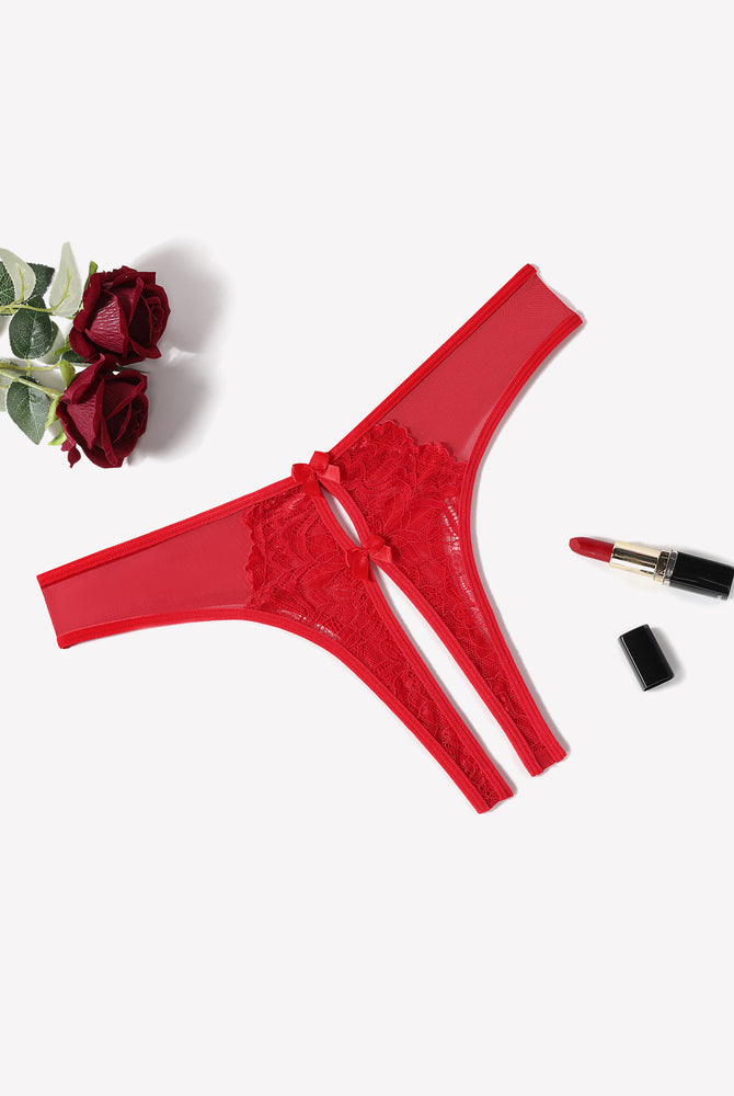 Red mesh panties briefs with lace and bow, unique crotch design, sexy lingerie