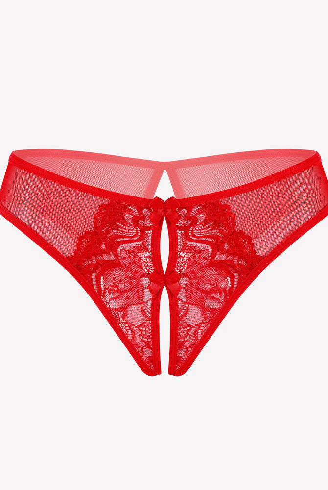 Red mesh panties briefs with lace detailing and a cute bow, designed for charm and comfort.