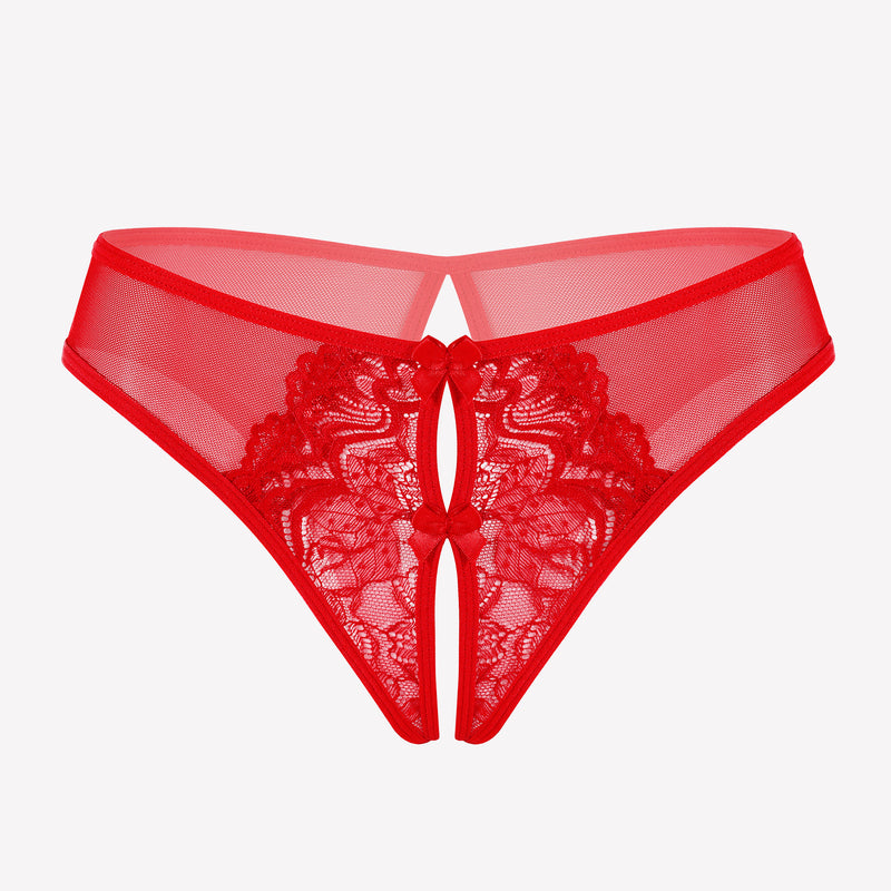 Red mesh panties briefs with lace detailing and a cute bow, designed for charm and comfort.