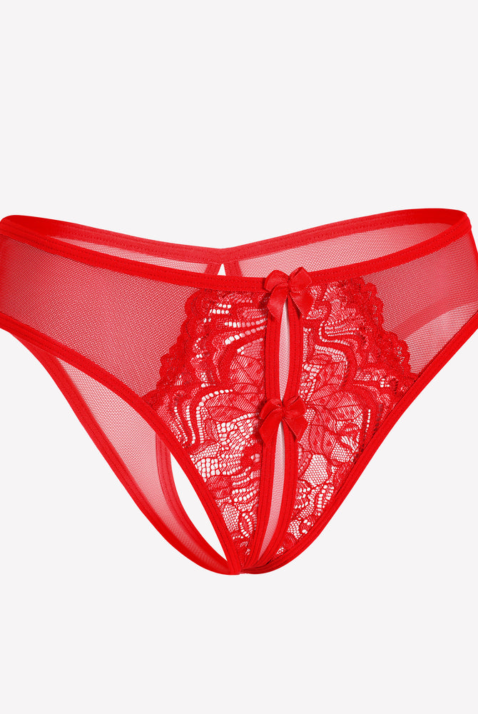 Red mesh panties briefs with lace and bow details, designed for charm and comfort.