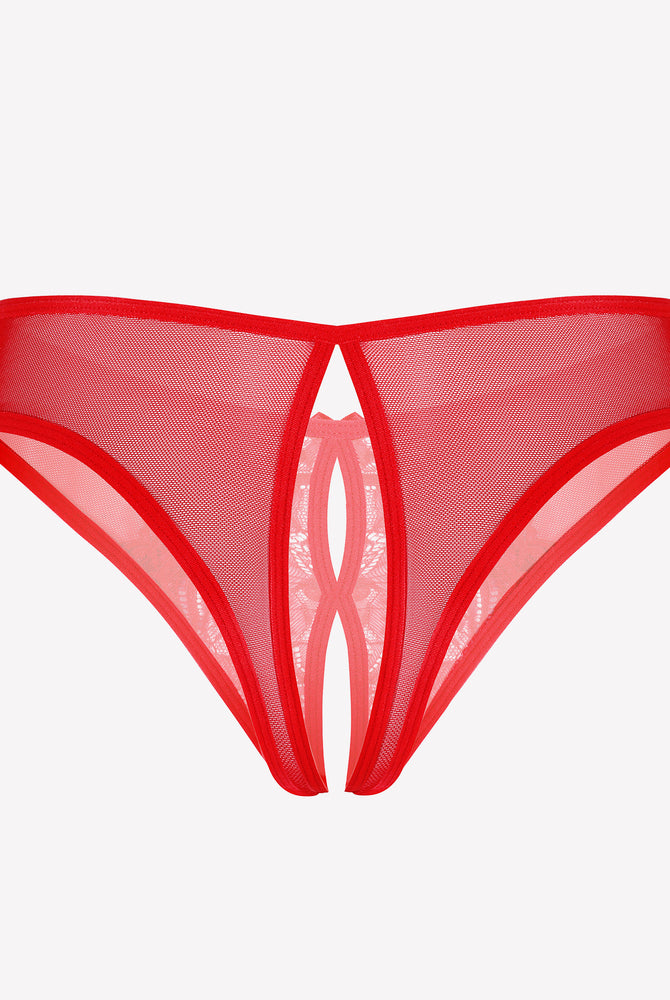 Red mesh panties briefs with unique crotch design, sexy lingerie, lace and mesh details