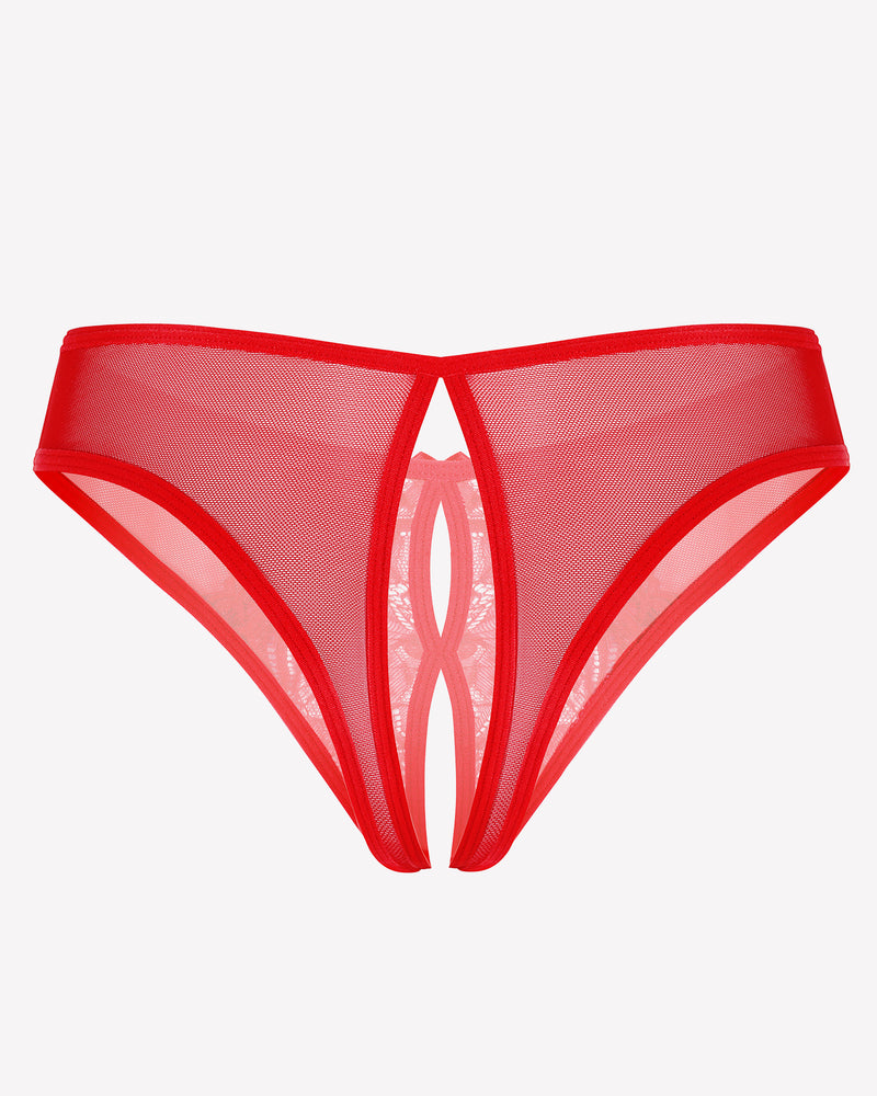 Red mesh panties briefs with unique crotch design, sexy lingerie, lace and mesh details