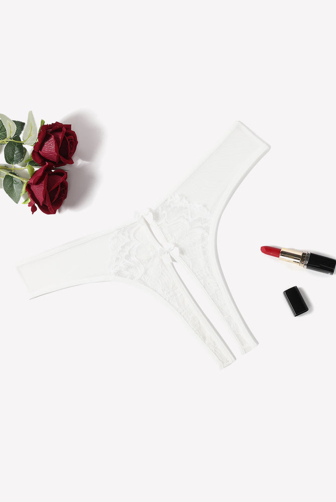 White mesh thong with lace detail and bow, unique crotch design, sexy lingerie