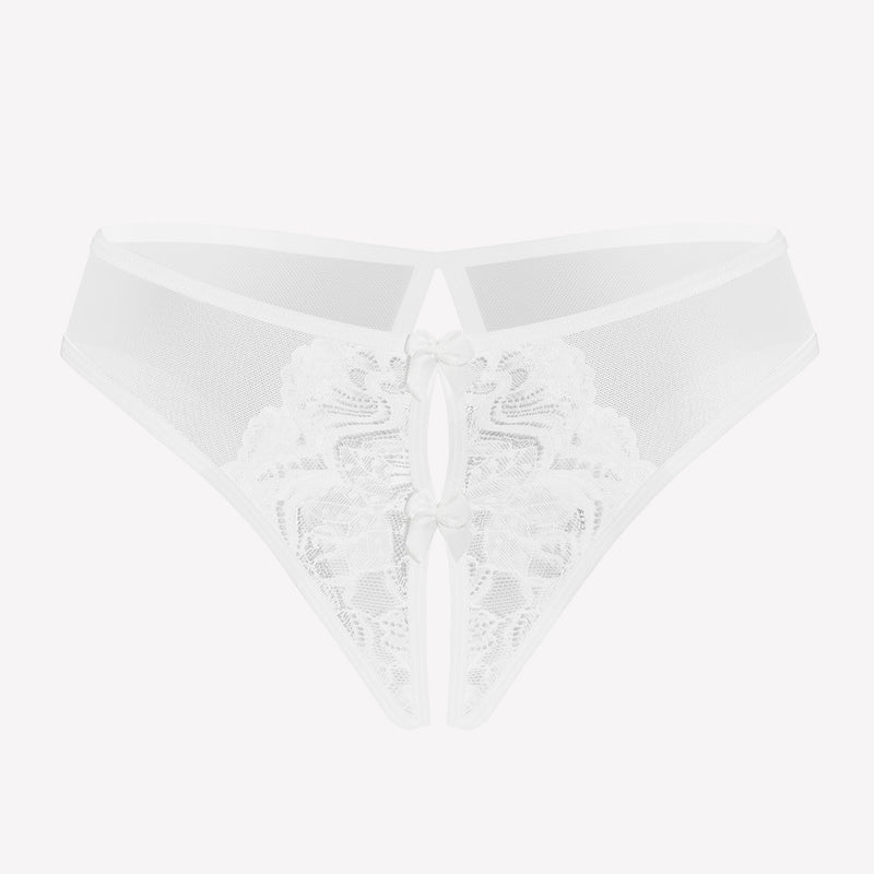 White mesh panties briefs with lace and bow, unique crotch design, sexy lingerie